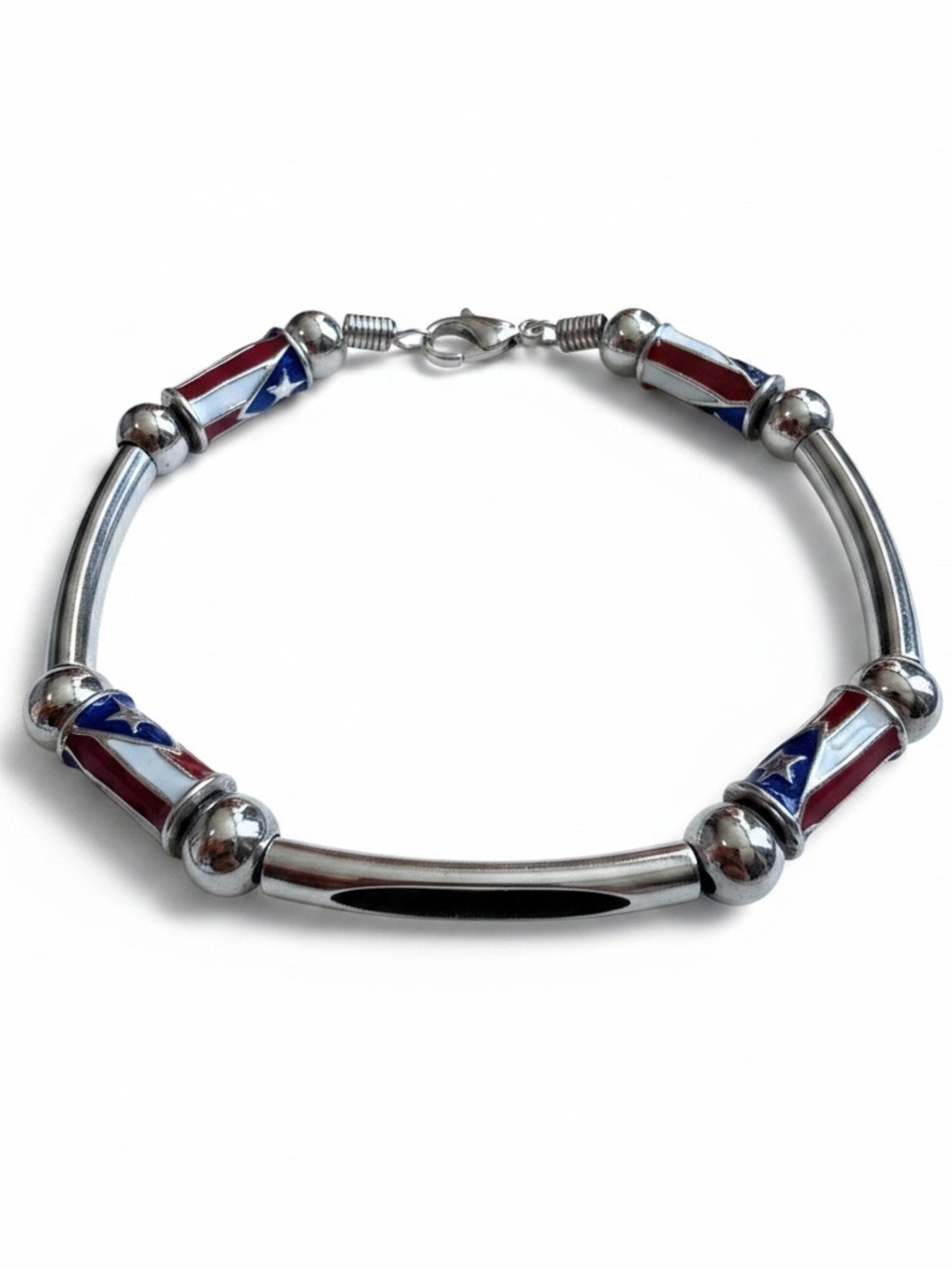 Patriotic Enamel Tube & Bar Bracelet - Silver with Red, White & Blue